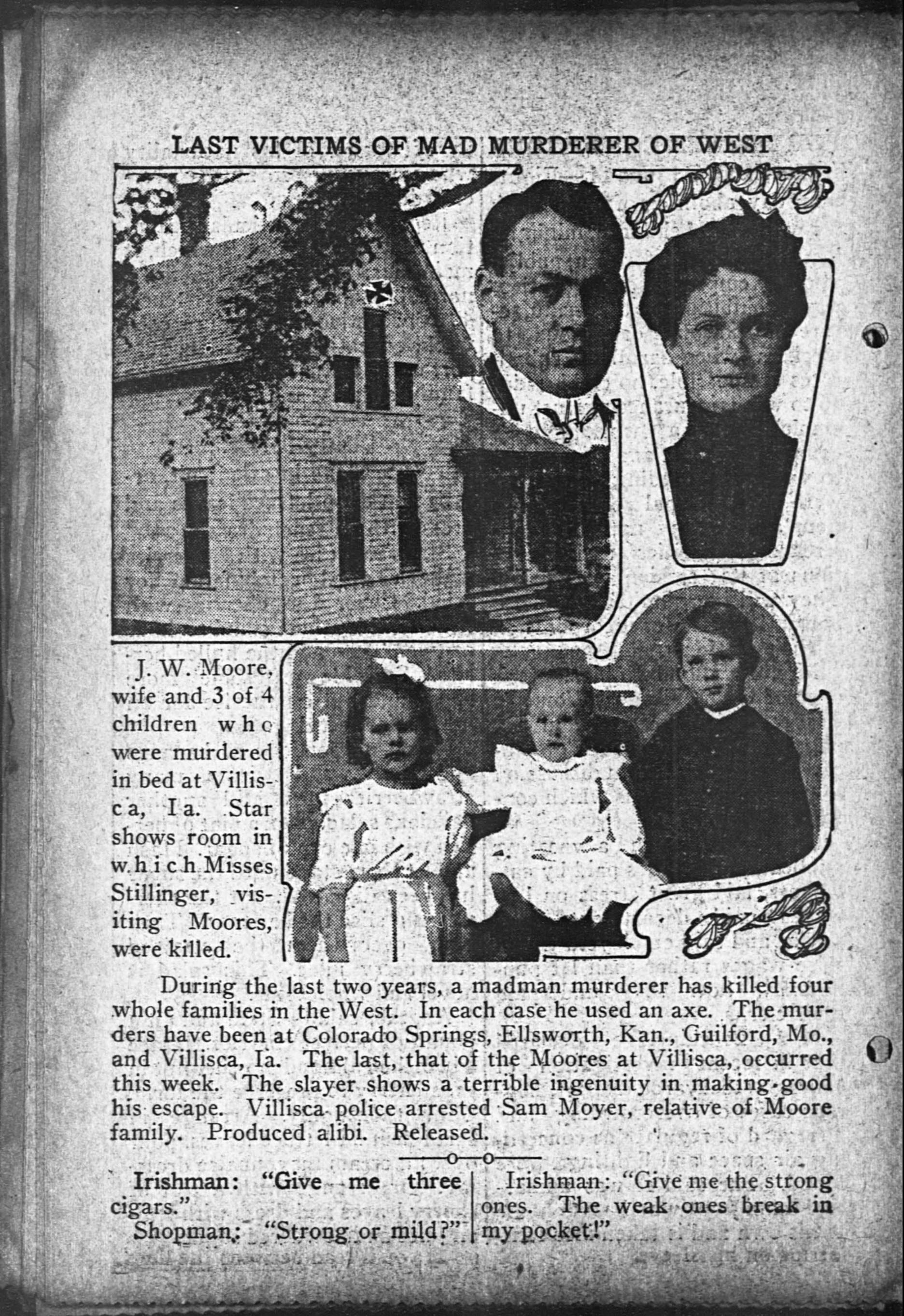 The Day Book of Chicago, 14 June 1912, four days after the killings — carrying photographs of the Moores, three of their children, and the house itself