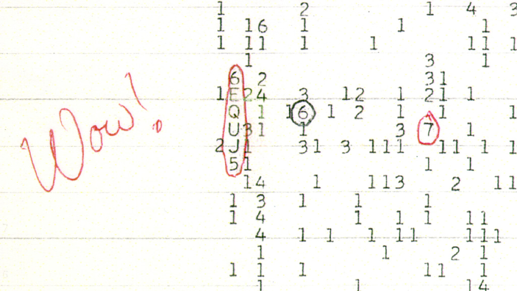 A close-up of the "Wow!" annotation, with the six characters 6EQUJ5 still standing out from the column of ordinary background readings