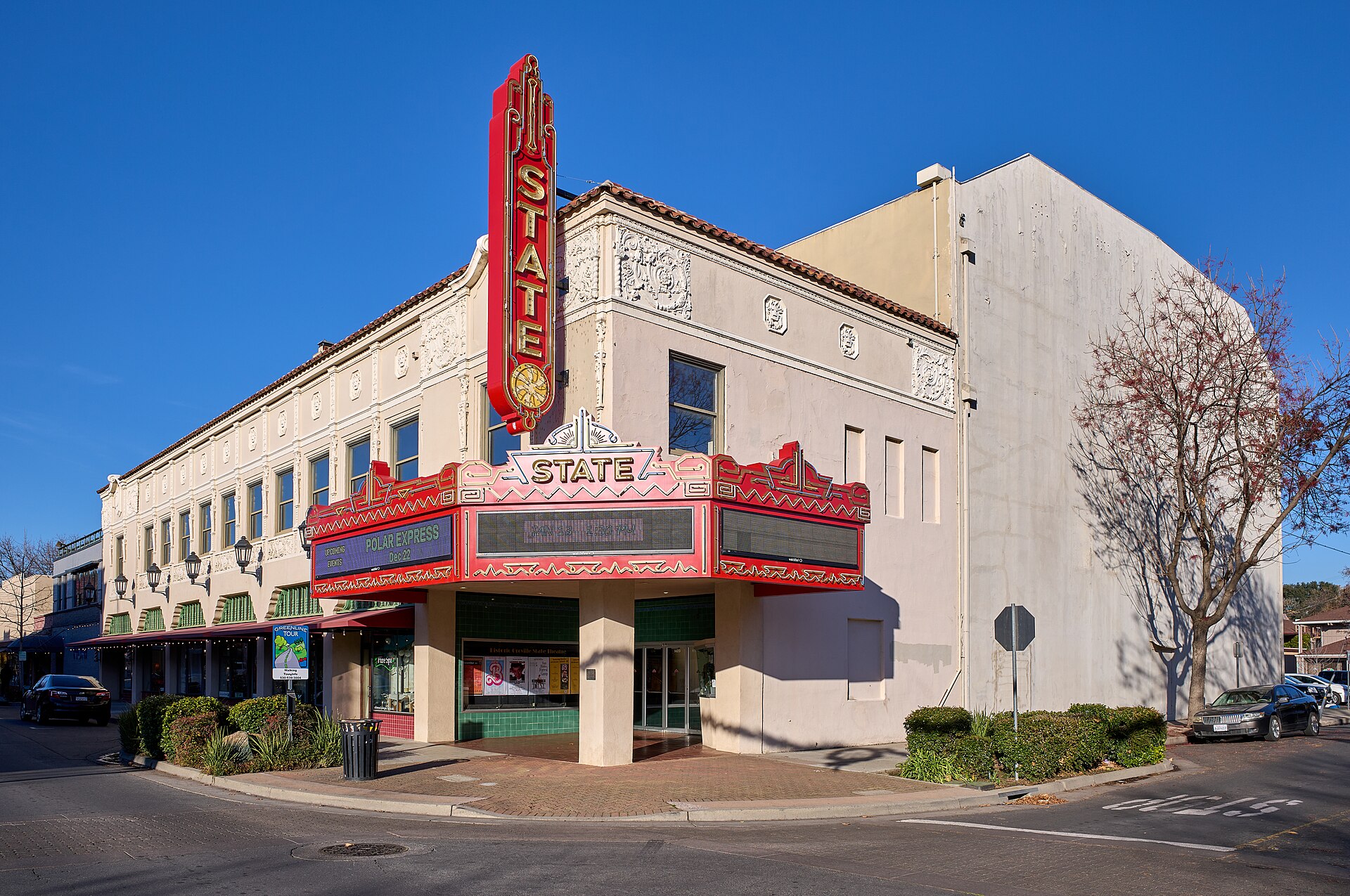 The State Theatre in downtown Oroville — the town the five were driving home from after the basketball game, as it looks today