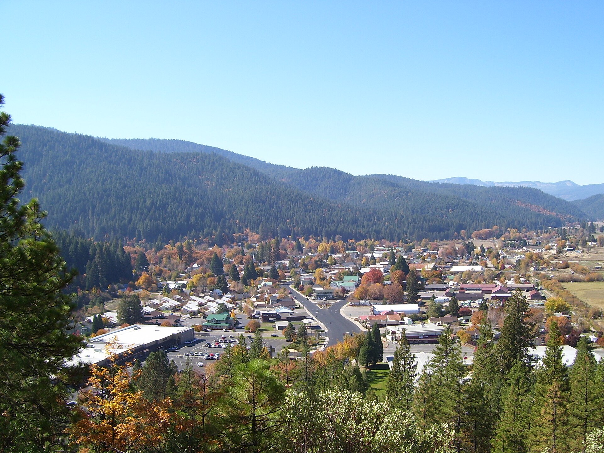 Quincy seen from the mountain above it — the gateway town to the Plumas National Forest the men were heading into