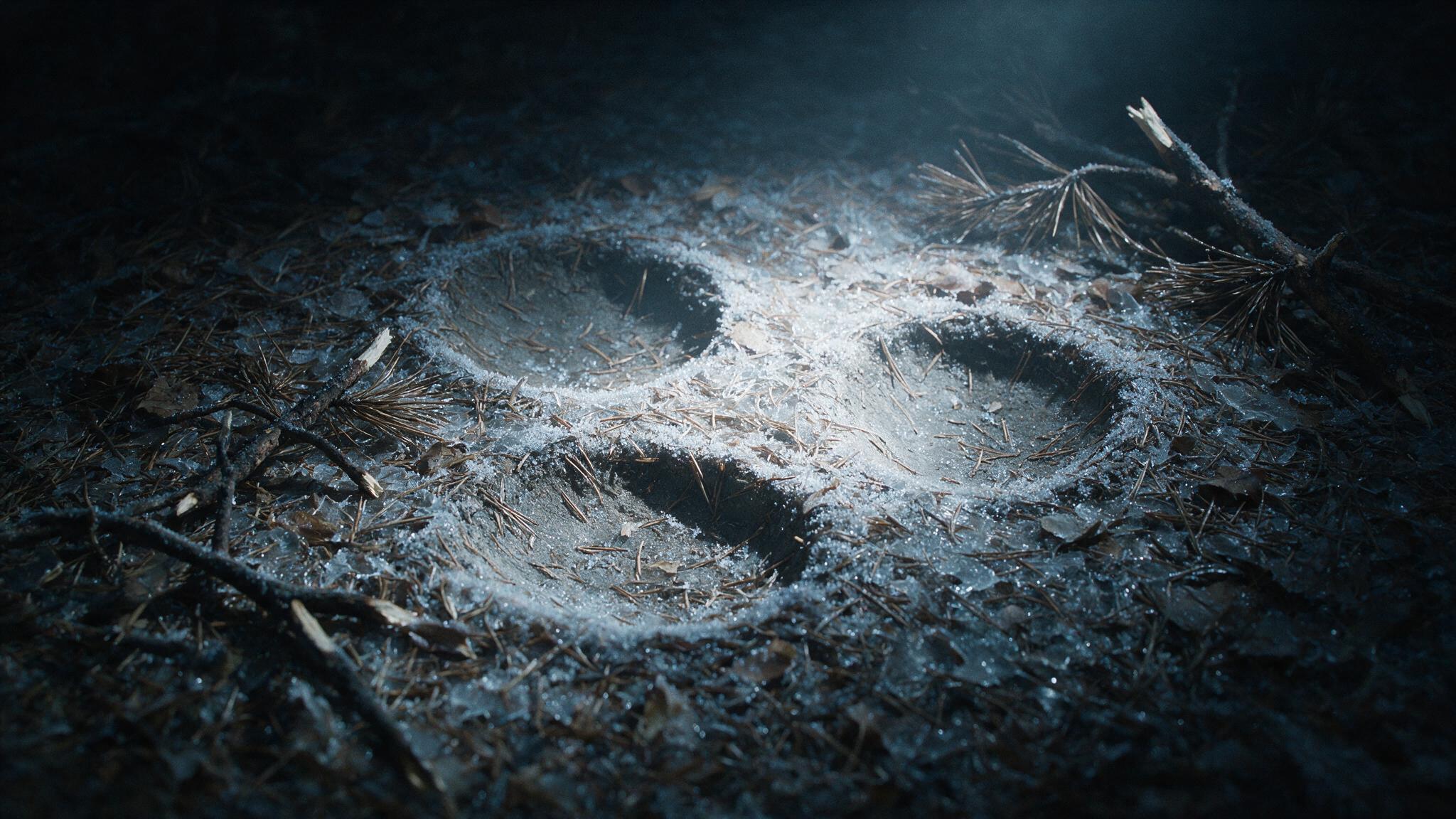 A shallow triangular impression in frozen forest ground at night, broken pine branches, cold torchlight, photorealistic