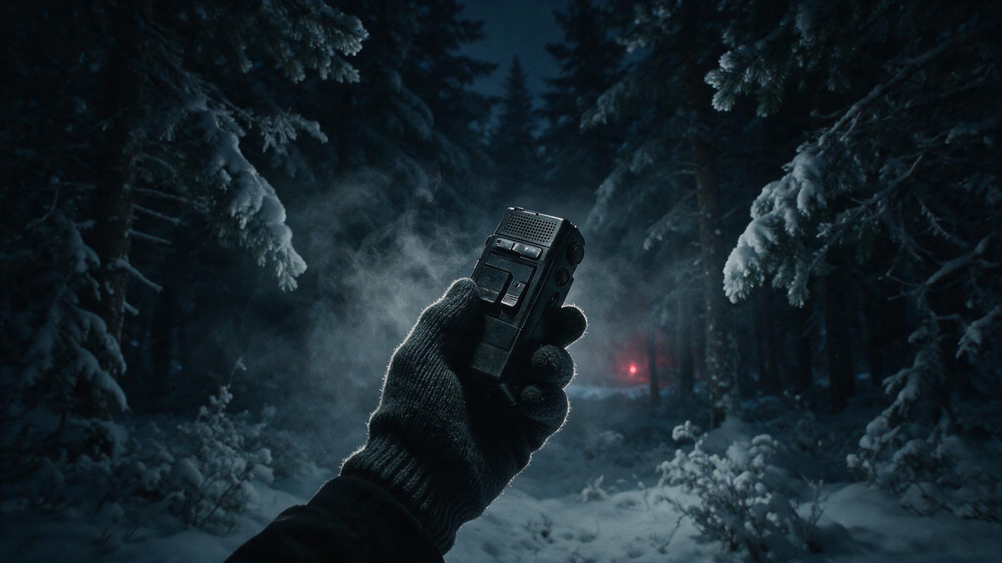 A gloved hand holding an old micro-cassette recorder in a dark forest, cold breath fog, faint red glow among distant trees, photorealistic