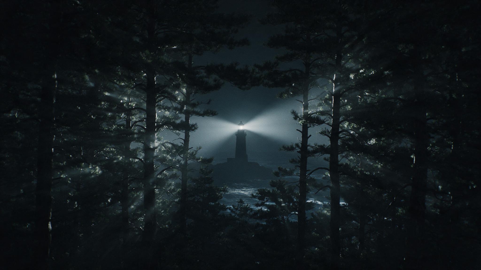 A distant coastal lighthouse beam sweeping across a dark night sky over the sea, cold and lonely, seen through the silhouettes of pine trees, photorealistic