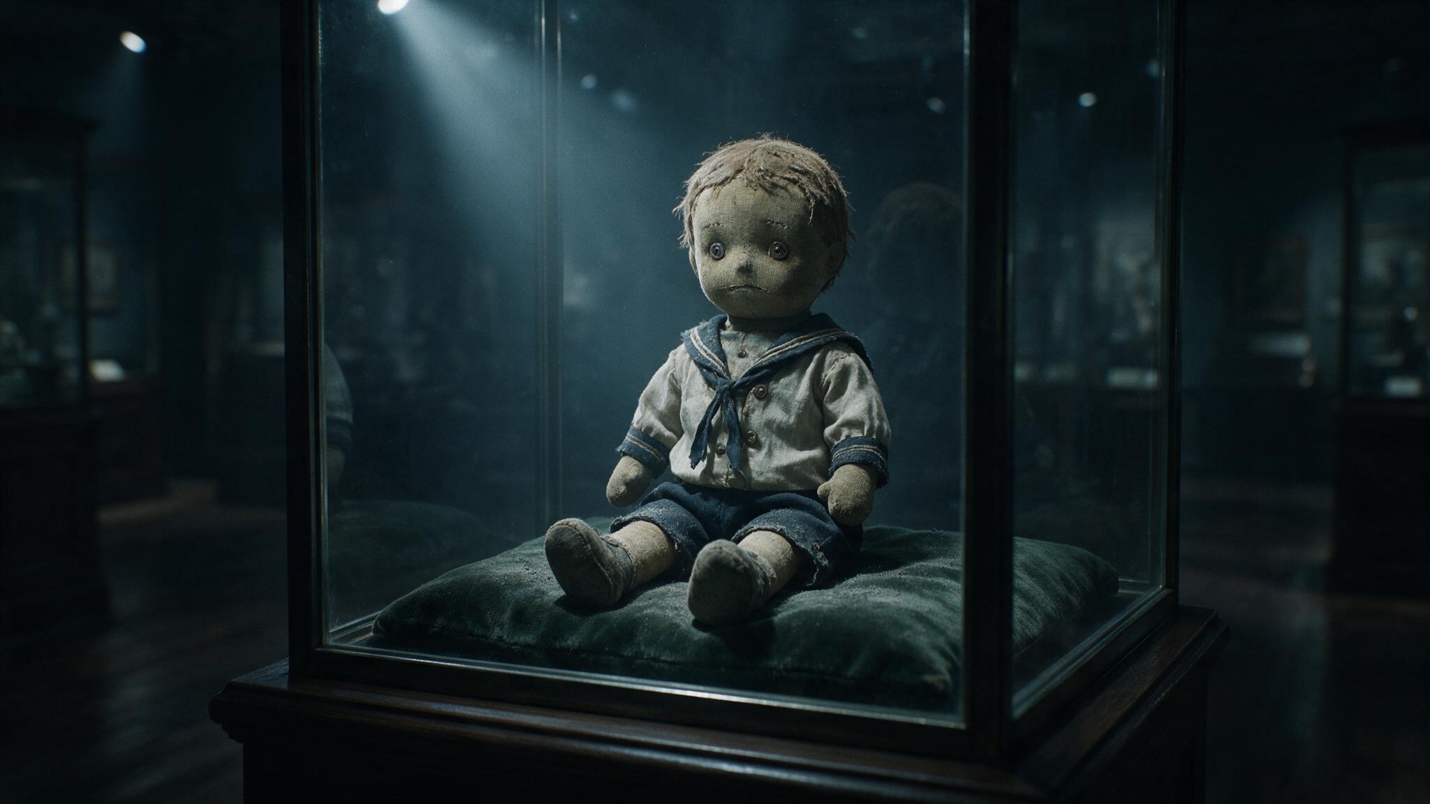 A stuffed doll in a faded sailor suit seated in a glass case in a dark room, worn fabric and dust, an eerie still life staring straight ahead, a somber antique atmosphere