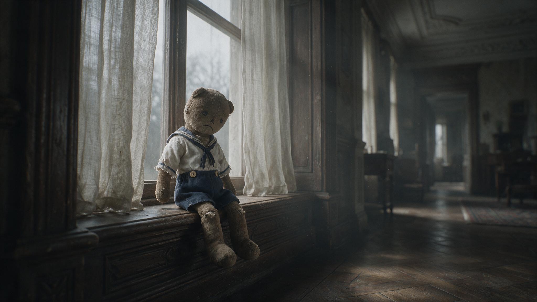 A dim room in an old mansion, a stuffed doll in a faded sailor suit sitting alone by the window as thin light seeps through the curtains, a lonely and eerie atmosphere