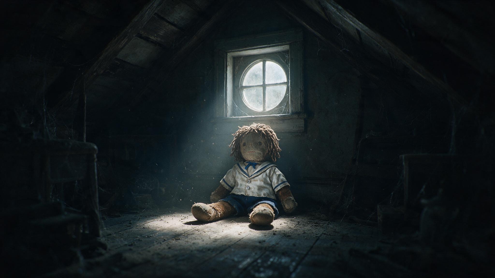 The attic of an old mansion, a stuffed doll in a sailor suit sitting alone beneath a small window, dusty air and afternoon light falling at a slant, a hushed and eerie atmosphere