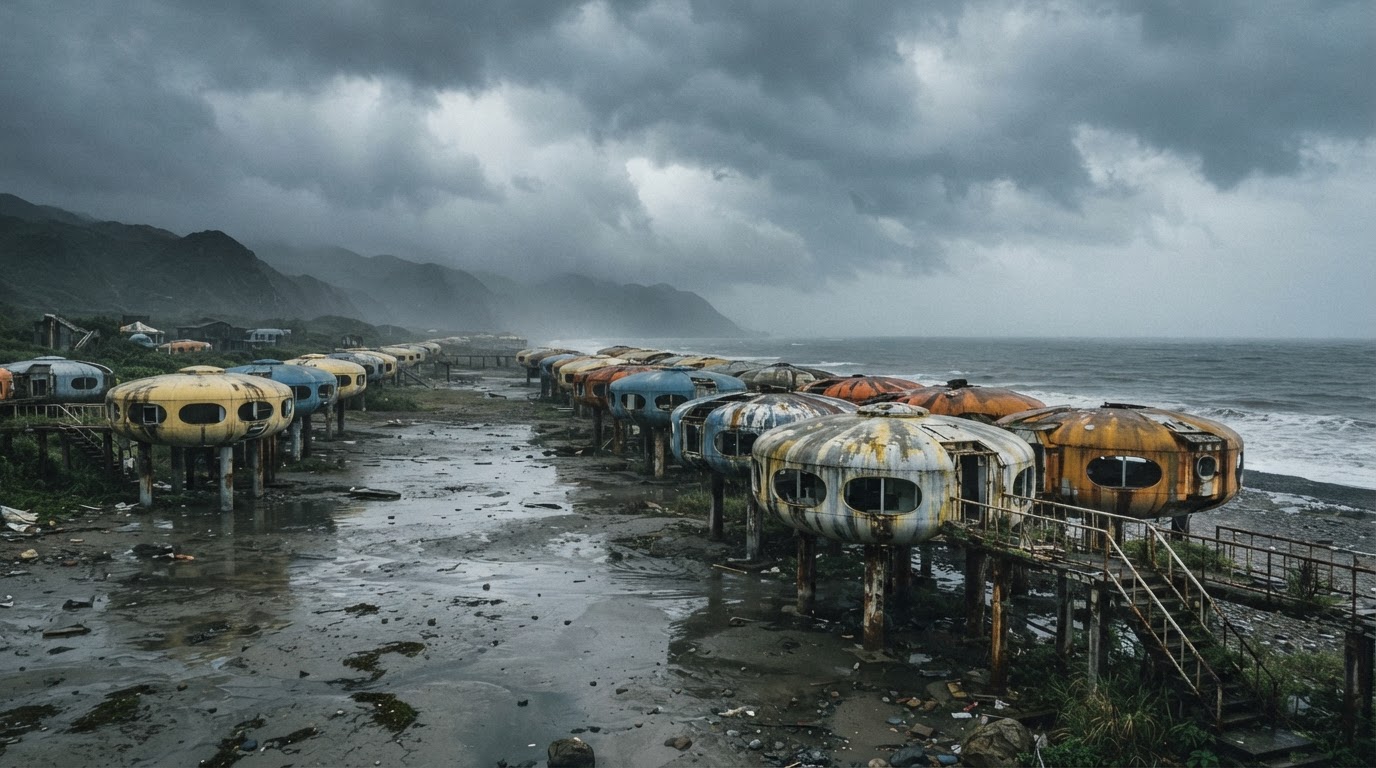 The silhouette of a lone UFO villa left standing under a grey typhoon sky, tidal flats along the shore, no people