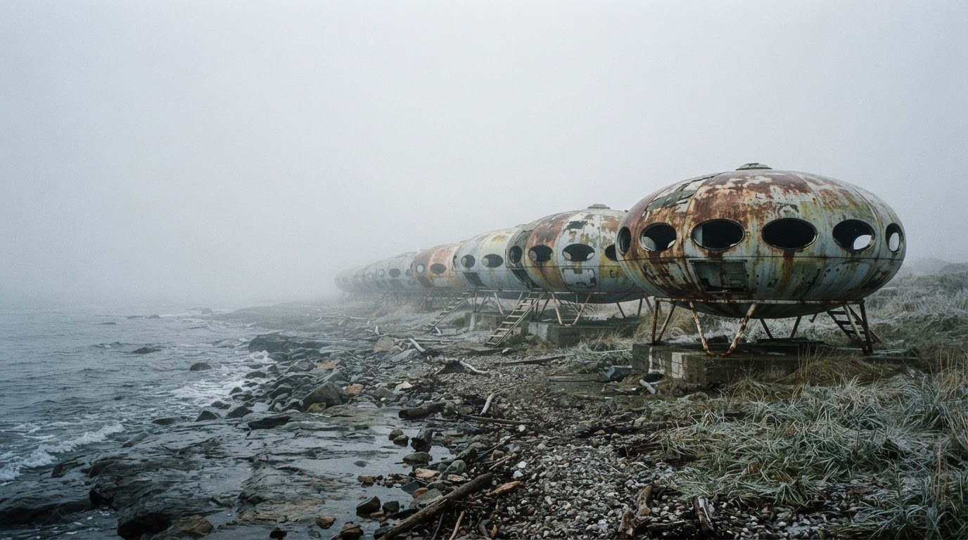 An abandoned UFO villa complex on a misty coast, rusted and faded capsules lined up like ghosts