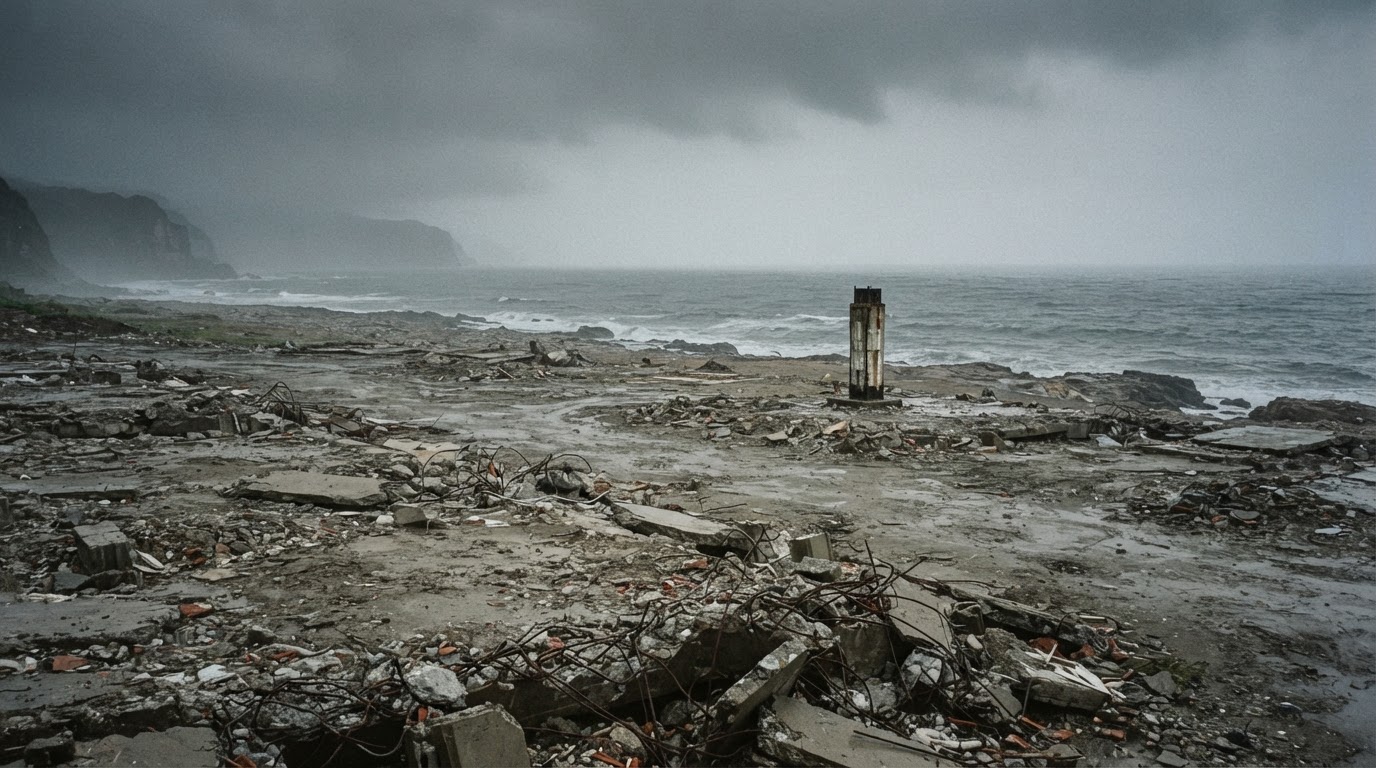 A demolished site with only debris left, broken slabs of concrete and an empty shore under a cloudy sky