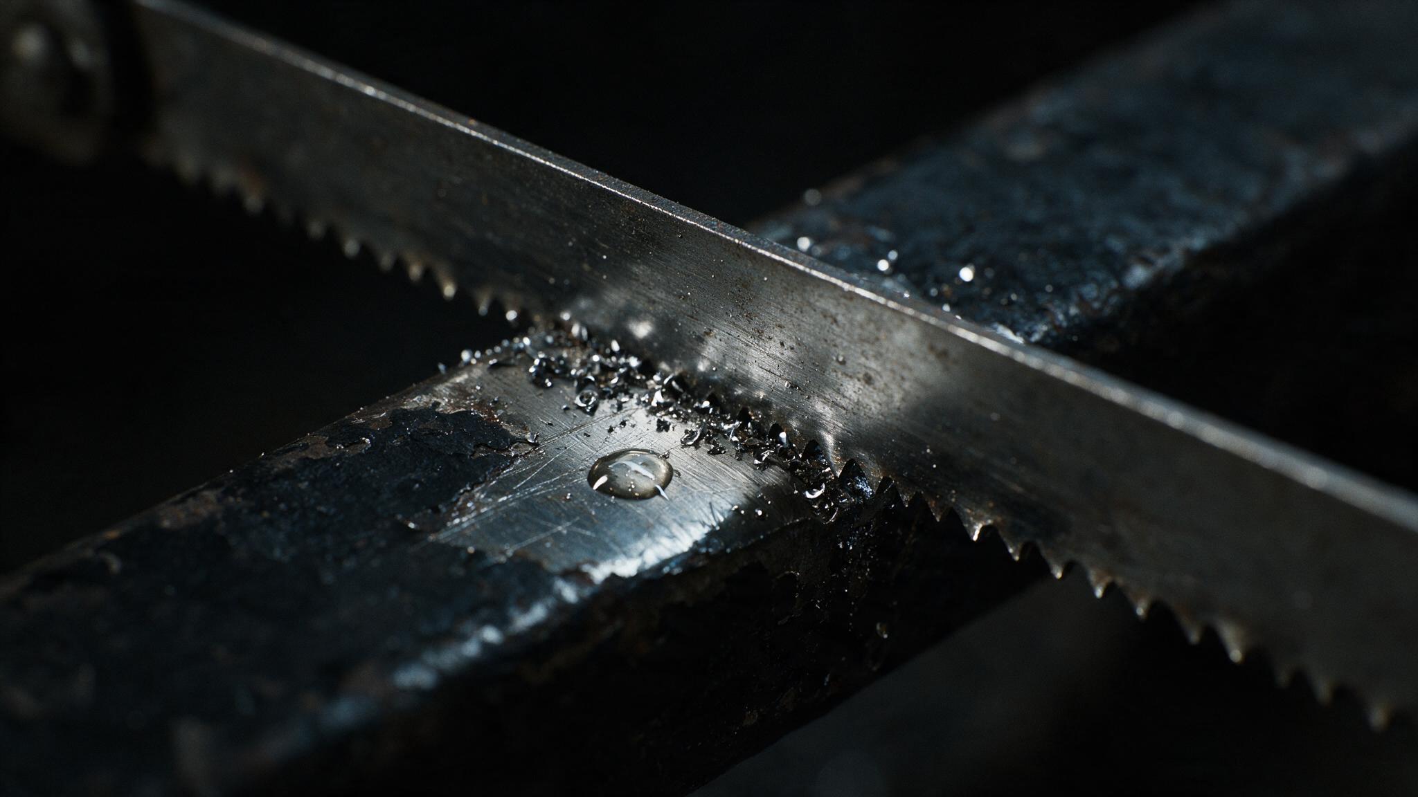 Close-up of a small hacksaw blade cutting through iron bars in the dark, metal filings, no visible face