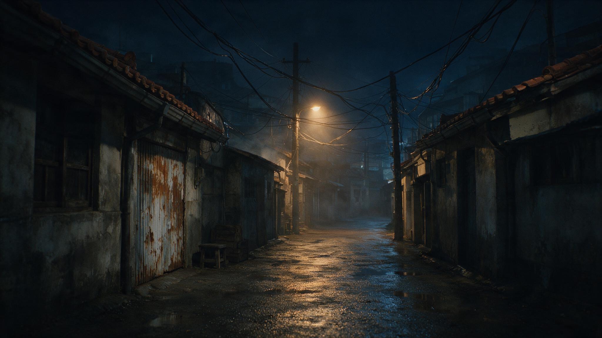 A back alley in an unfamiliar provincial town at night, streetlight reflected in wet asphalt, no people