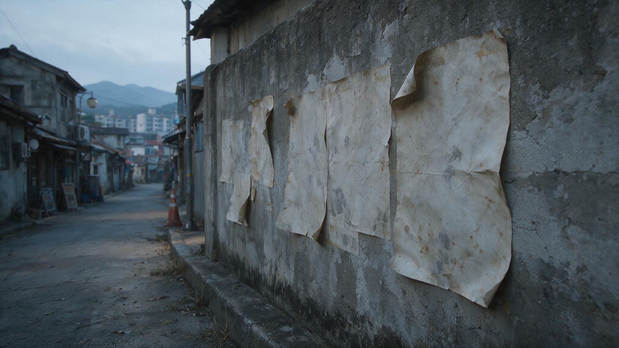 Weathered wanted flyers fluttering on a street wall, only a blurred human silhouette and no legible text