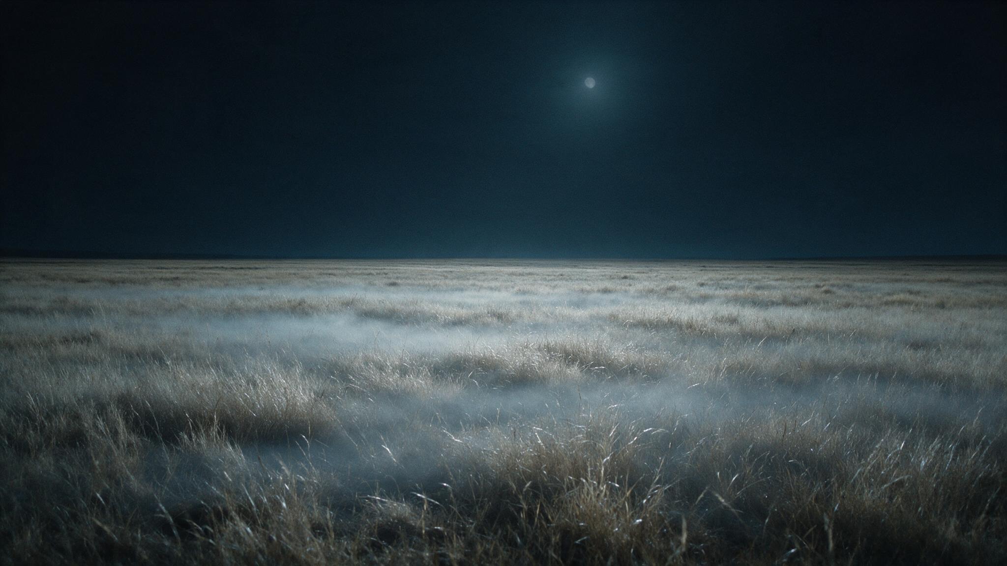 An endless nighttime plain lit only faintly by moonlight, dry grass running to the horizon with low fog lying over it, a bleak and desolate landscape, no people (mood recreation)