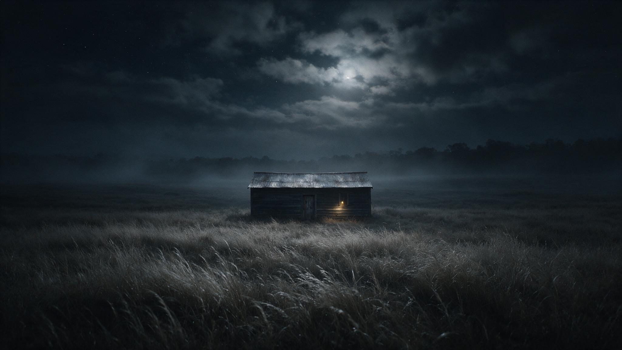A low, isolated ranch hut standing alone under moonlight, a faint lamp seeping from its window, surrounded by vast darkness and thin fog (mood recreation)