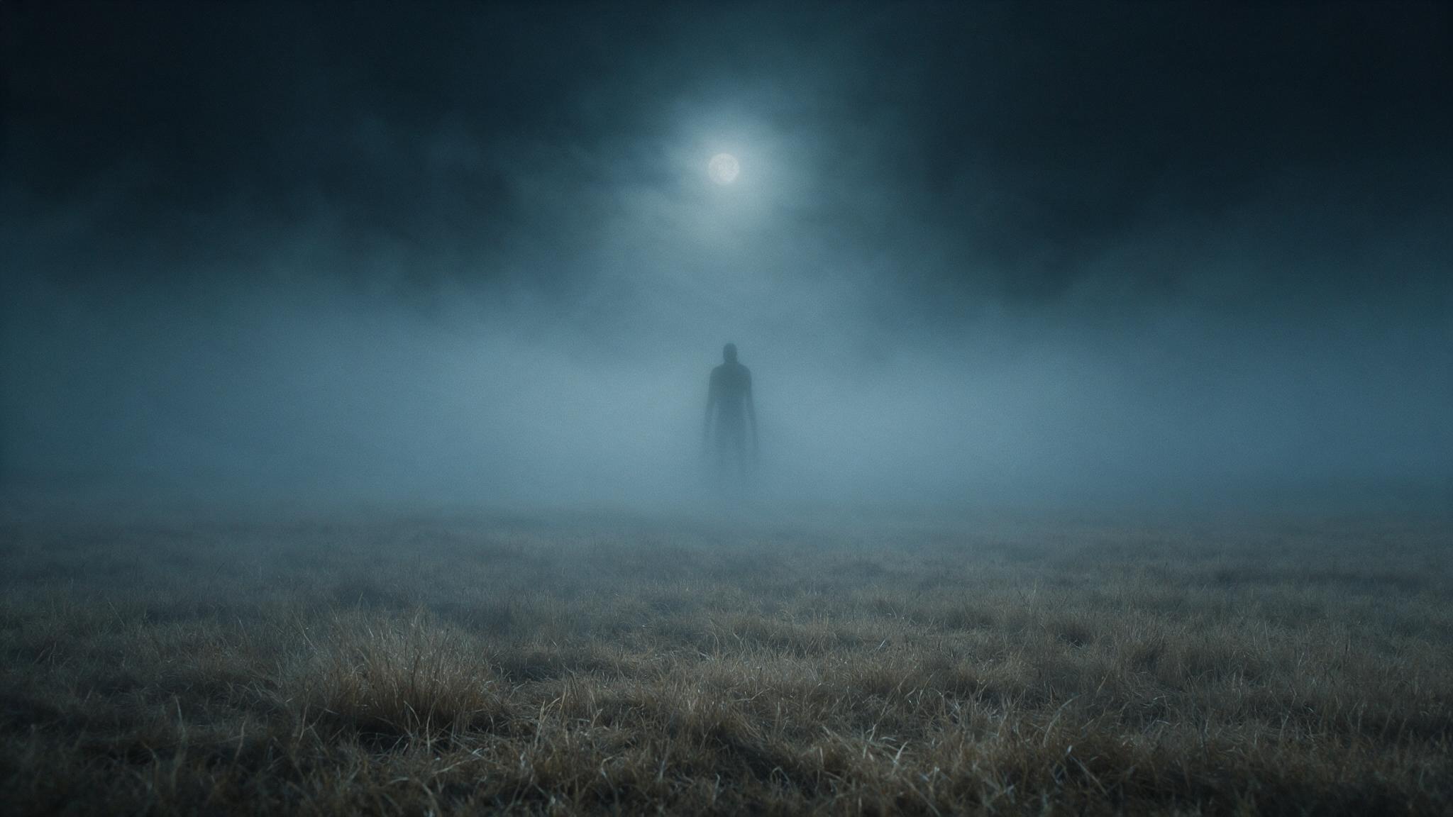 The silhouette of a tall human figure looming very faint and far off in thick night fog, its face unseen, existing only as a distant shadow, a bleak image, dry grassland (mood recreation)