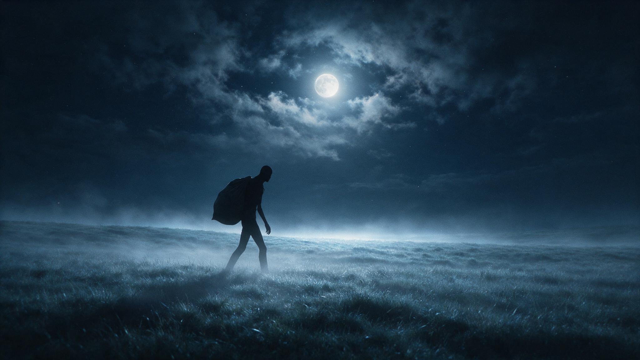 The distant silhouette of a tall figure walking the nighttime plain with a great closed sack slung on its back, no face, rendered only as a black shadow in moonlight and fog, a bleak image (mood recreation)