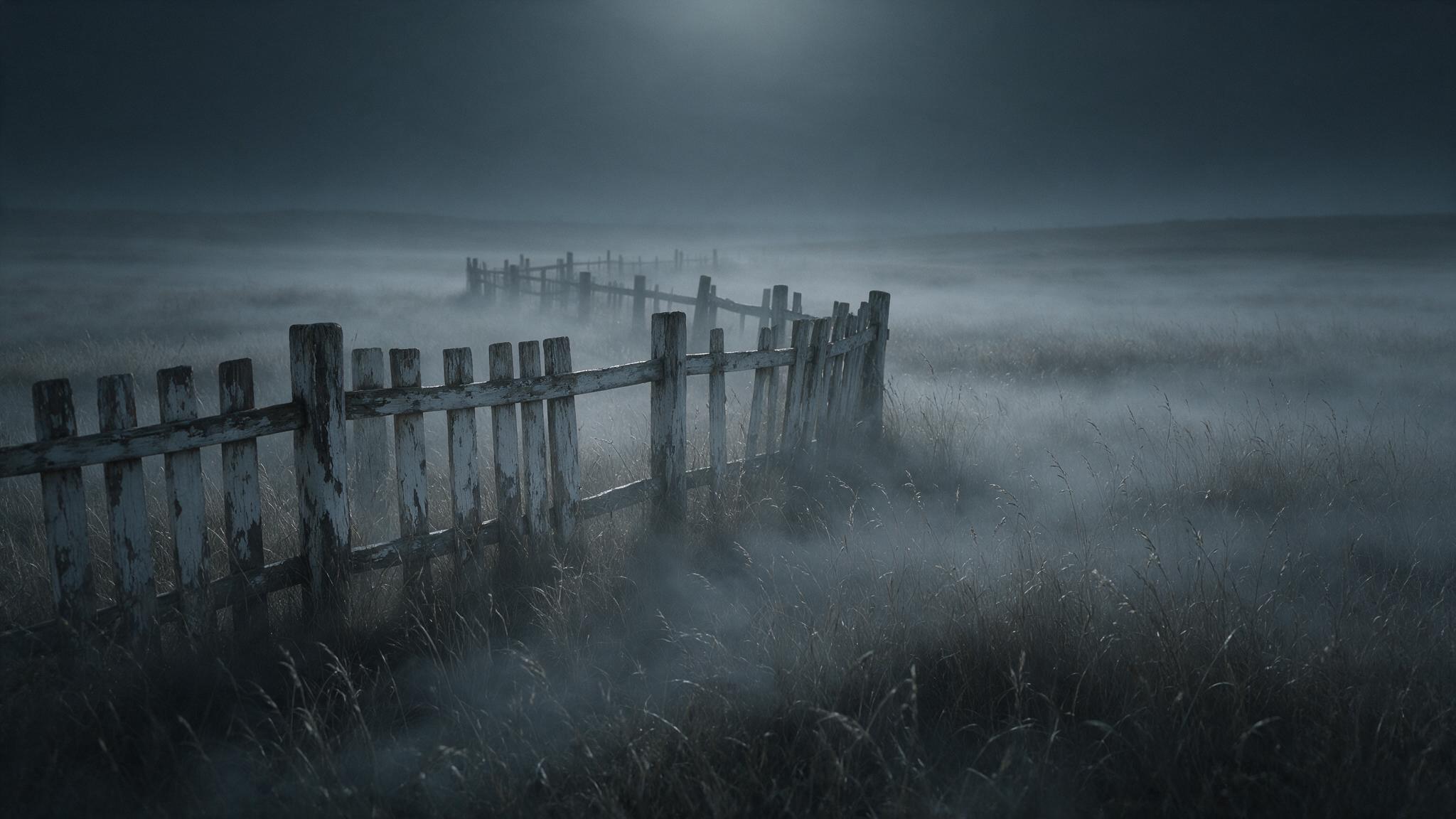 An old wooden fence standing in the middle of a fog-thick nighttime plain overgrown with dry grass, the horizon receding far behind it, a bleak and desolate landscape empty of people (mood recreation)
