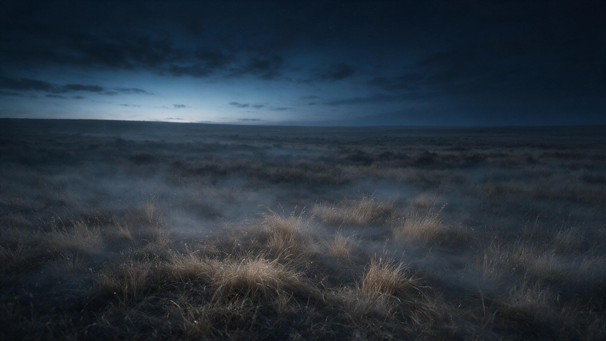In the failing light of dawn, a vast nighttime plain with the fog slowly lifting and the sky brightening faintly above the horizon, a quiet landscape empty of anyone, with a long lingering mood (mood recreation)