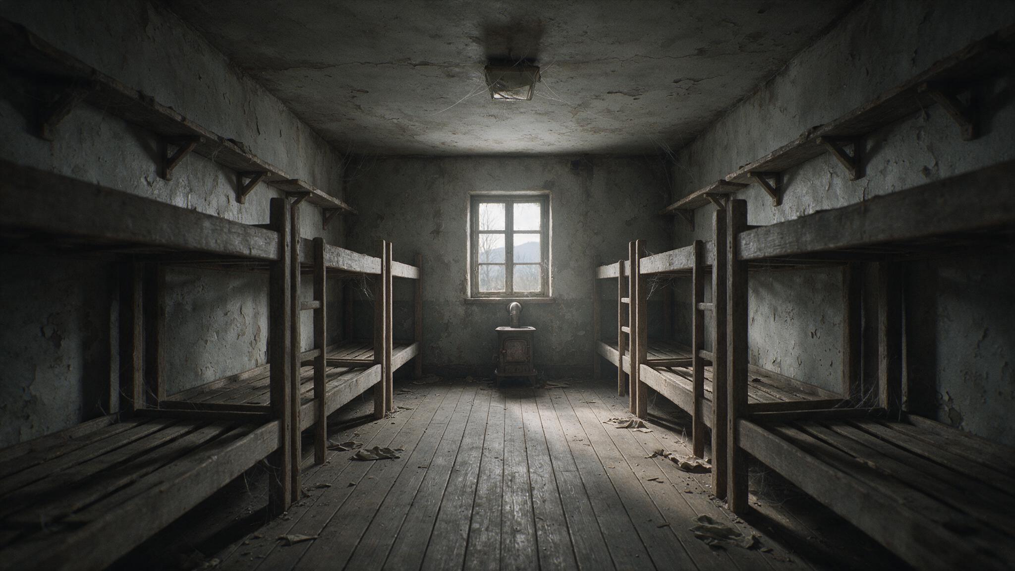 Interior of an old, empty military barracks with worn wooden bunks and peeling walls, cold grey light through a small window, no people