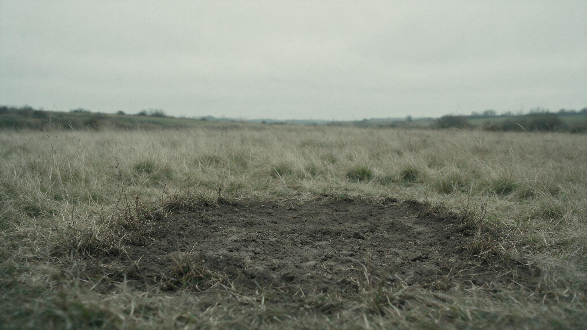 An old, unmarked grave site in overgrown grass under a grey sky, a plain patch of disturbed earth with no headstone, somber and quiet