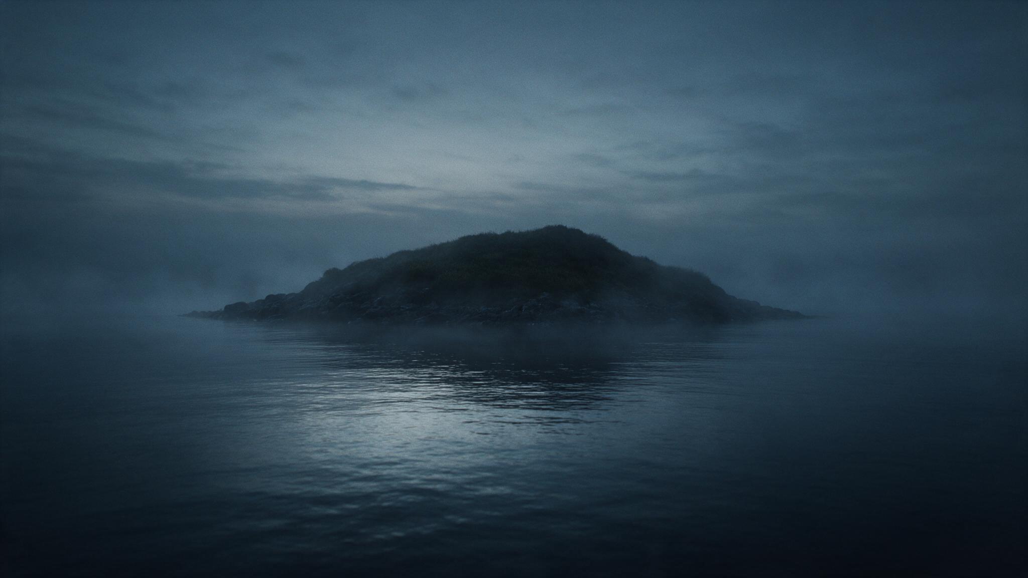 The same small island at dusk, seen from the water, its low shore fading into mist and darkening sky, lonely and unreadable