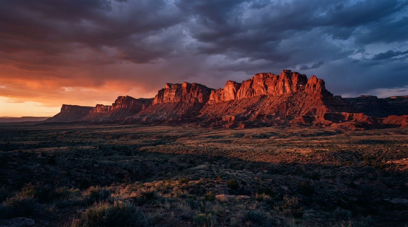 A red mesa ridgeline glowing at dusk over empty high-desert country