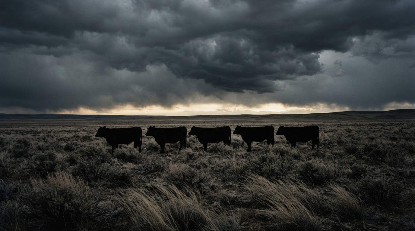 Silhouettes of cattle standing motionless under a heavy, brooding storm sky