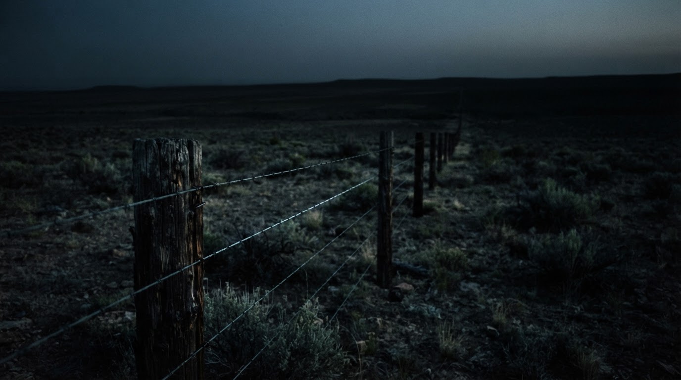 A barbed-wire fence line running out of the frame into deepening darkness
