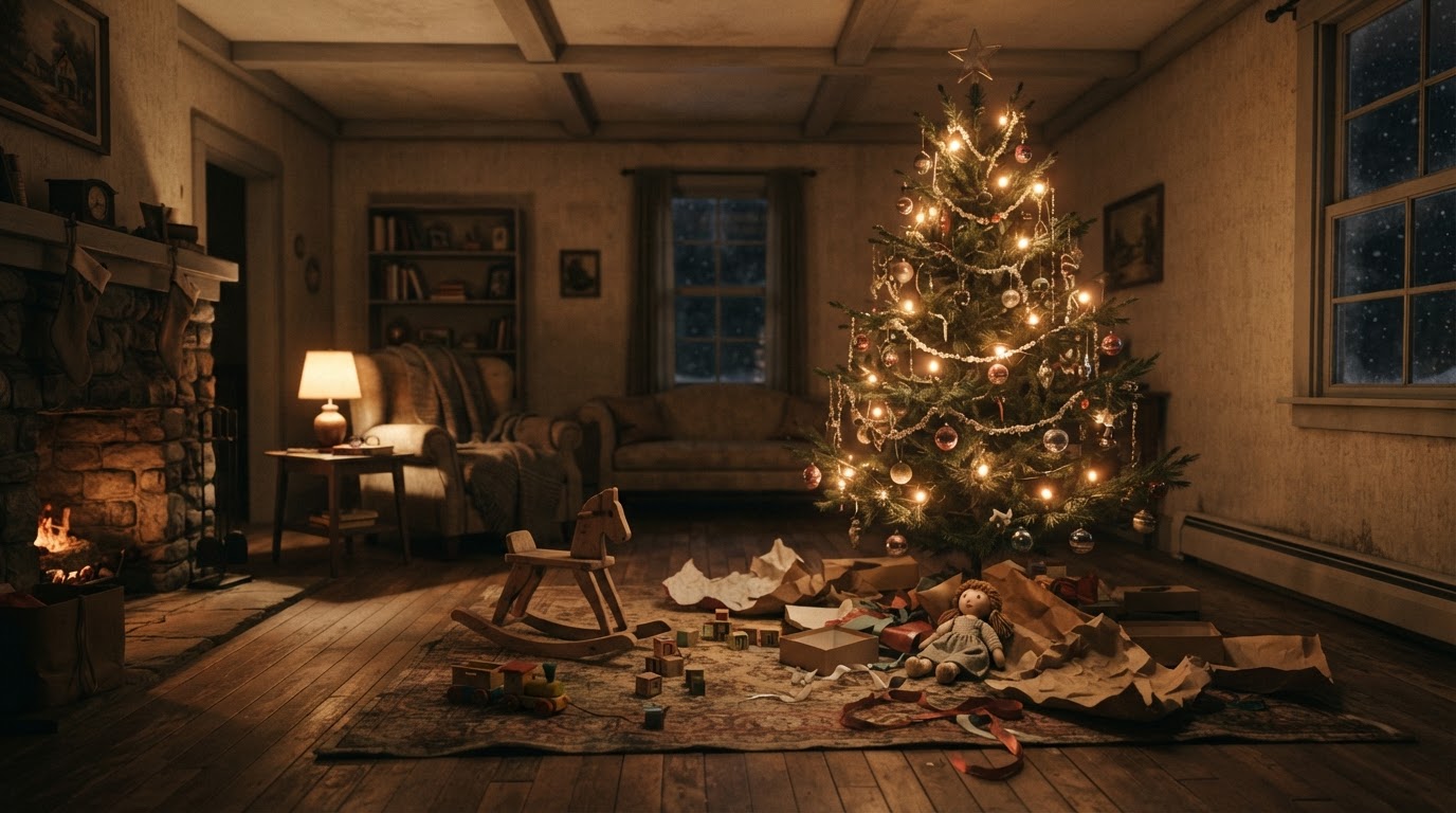 A vintage 1940s living room decorated for Christmas, children's toys scattered near a tree, lamplight