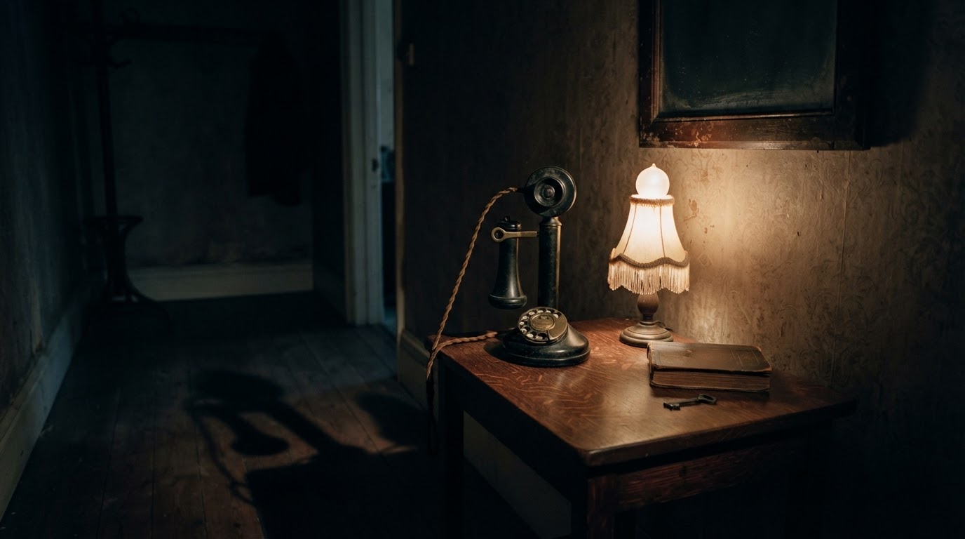 An old black rotary telephone on a small table, dim hallway at night, unsettling mood
