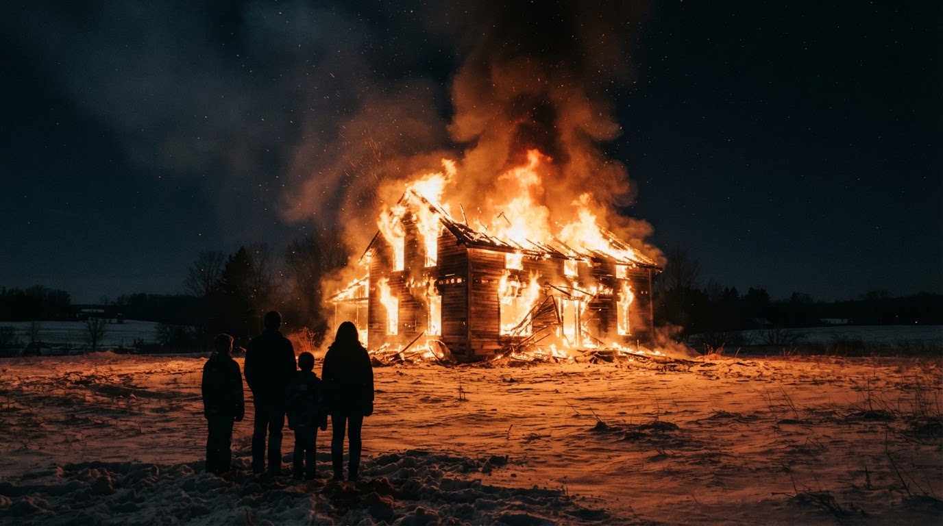 A wooden house engulfed in flames at night, snow on the ground, silhouettes of people watching helplessly
