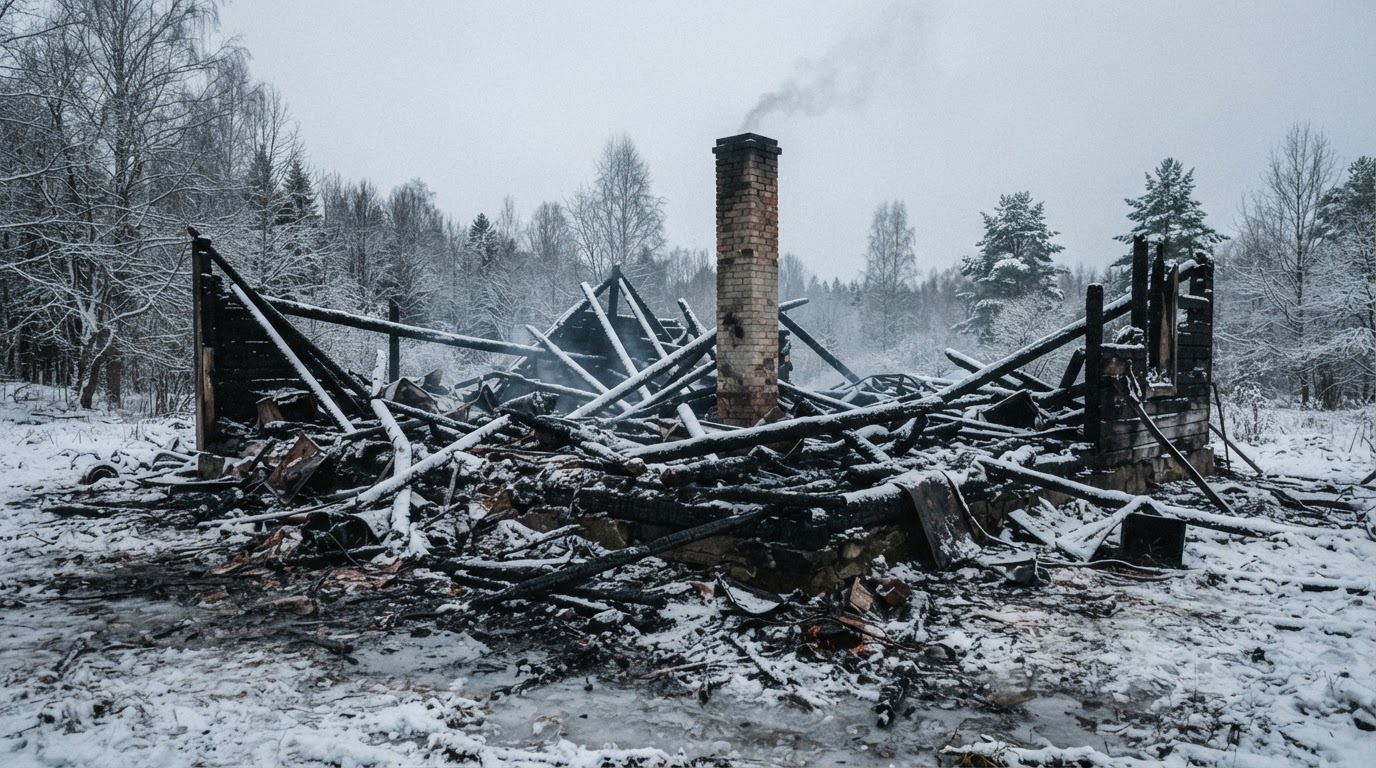 The charred ruins of a burned-down house, ash and blackened timber, cold gray morning light