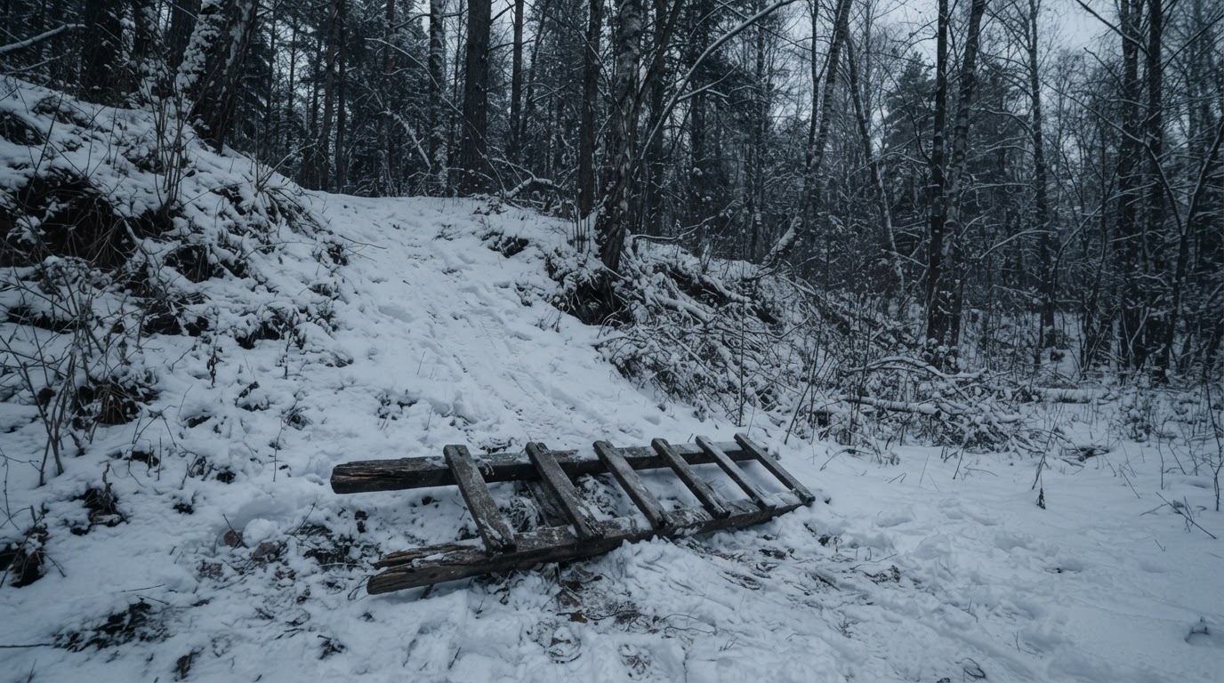 An old wooden ladder lying at the bottom of a snowy embankment, forest edge, eerie stillness