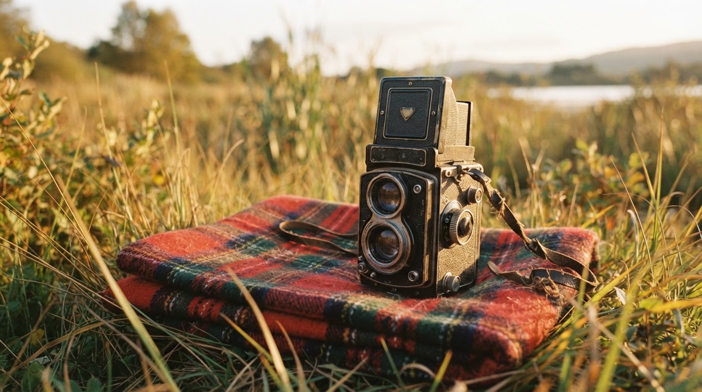 A vintage 1960s film camera resting on a folded tartan blanket on grass, warm afternoon light, photorealistic