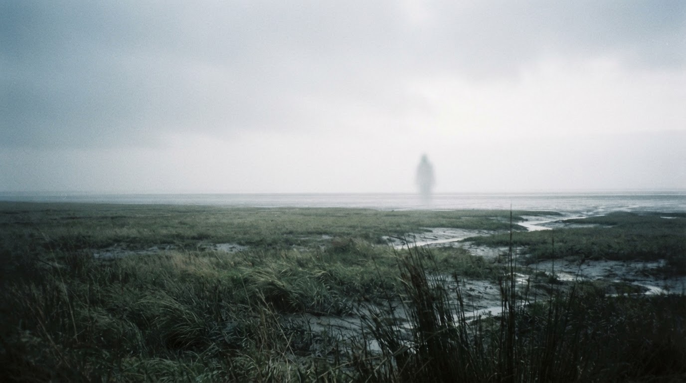A distant, indistinct pale white shape hovering over a hazy salt marsh, blurred and hard to make out, photorealistic