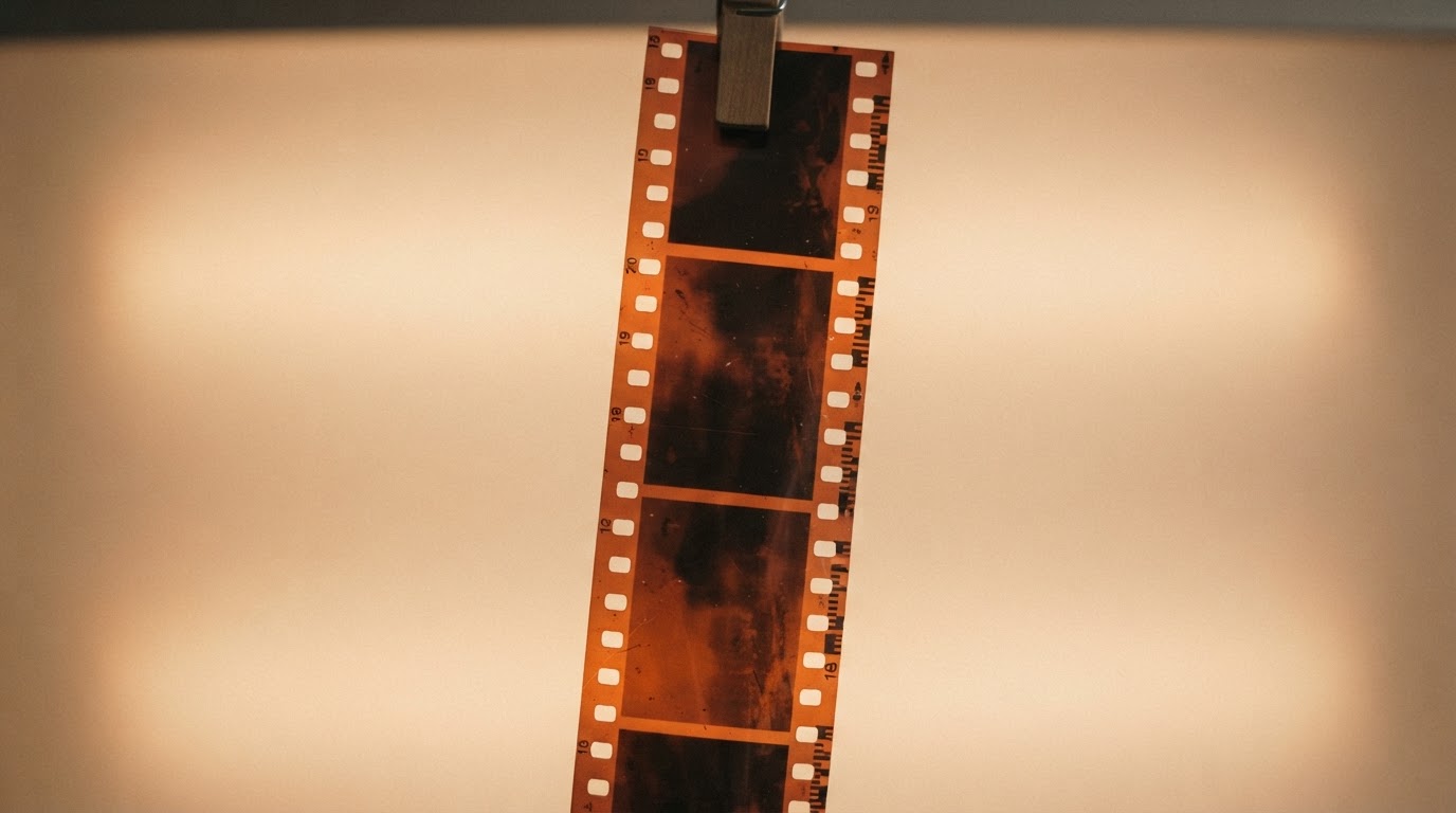 A strip of vintage film negatives held up to the light, the frames dim and illegible, no readable detail, photorealistic