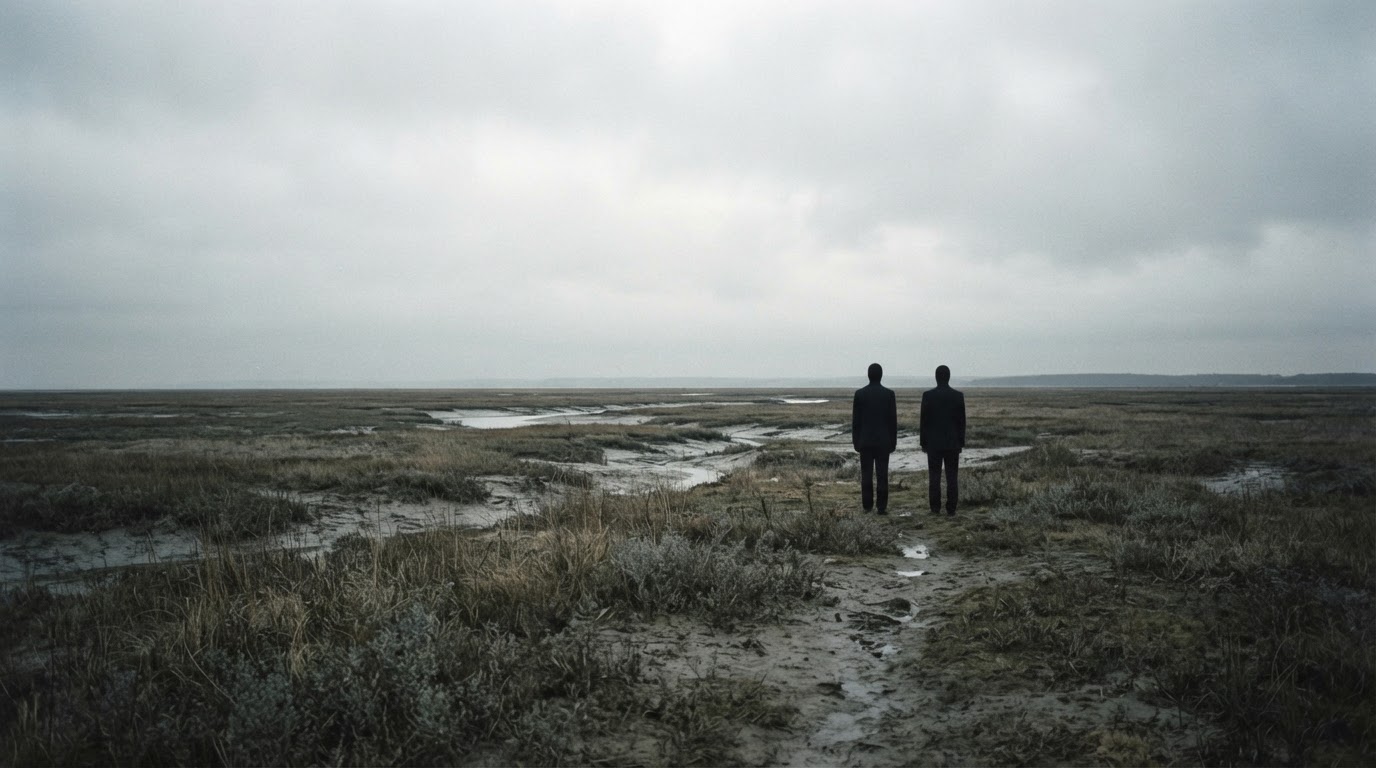 Two dark, faceless silhouetted figures in suits seen at a distance on an open marsh, backs turned, no faces visible