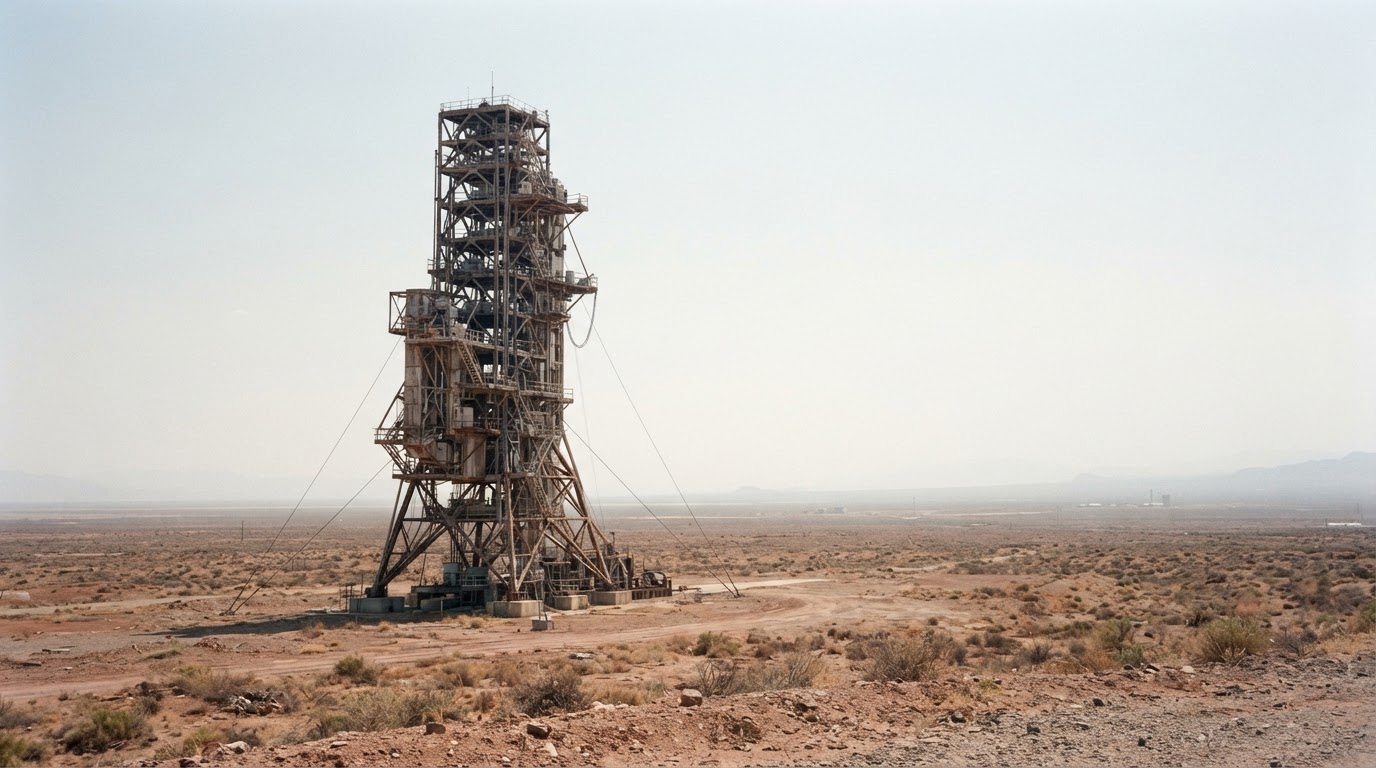 A tall metal launch gantry standing alone in a vast, empty desert flatland under a pale sky, distant and hazy, photorealistic