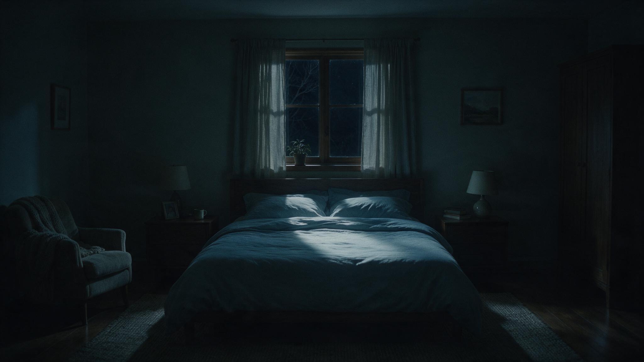 A dark, quiet bedroom at night, faint moonlight through a window, an empty bed, a sense of unbroken stillness and unease