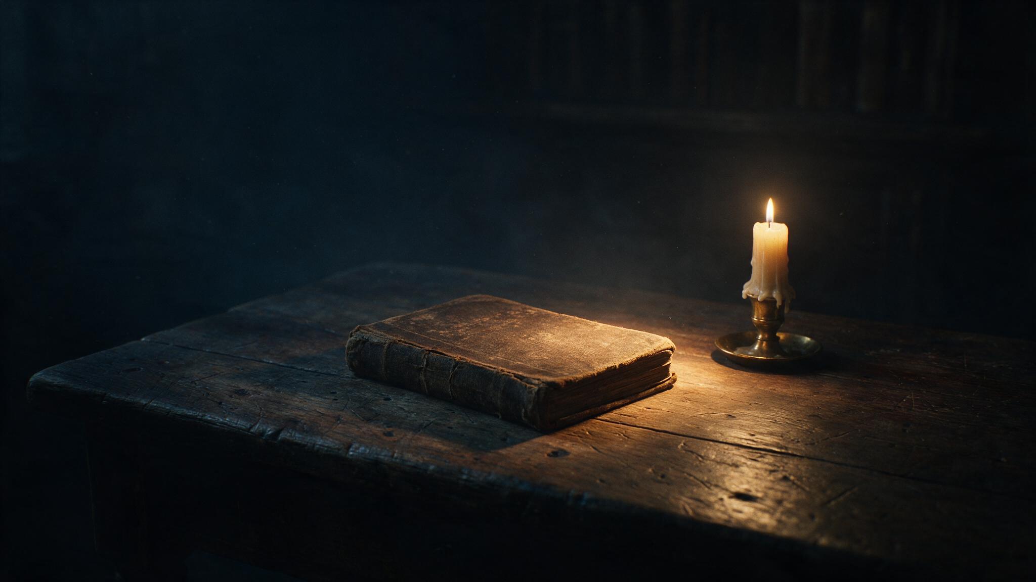An old poetry collection sitting alone on a worn wooden desk in a dark room, a single candle casting faint light across its cover, a bleak still life