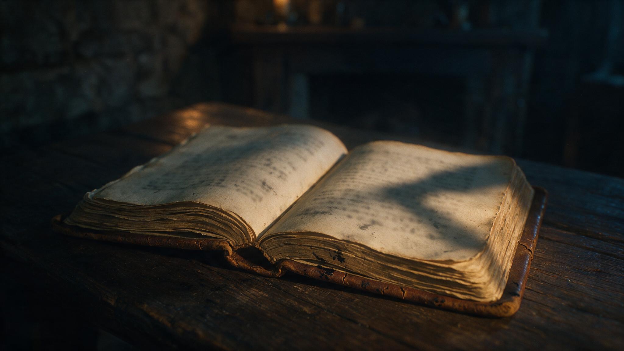 An old poetry book lying open, but the characters on the page blurred beyond reading, a faint shadow falling across the paper in a dark image