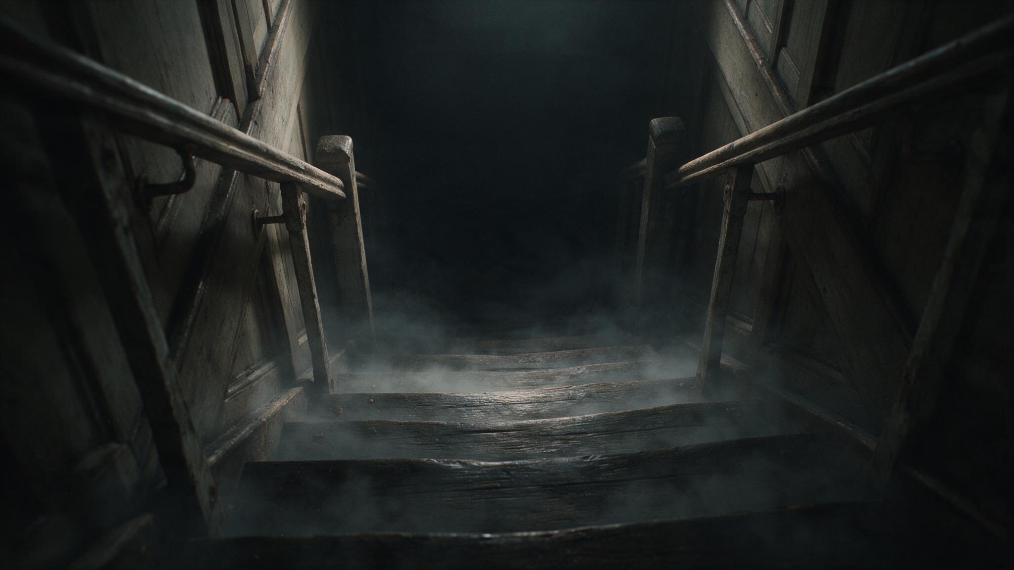 A pitch-dark staircase with low-lying fog, the bottom swallowed entirely in blackness so that no end can be seen, a bleak image, no people