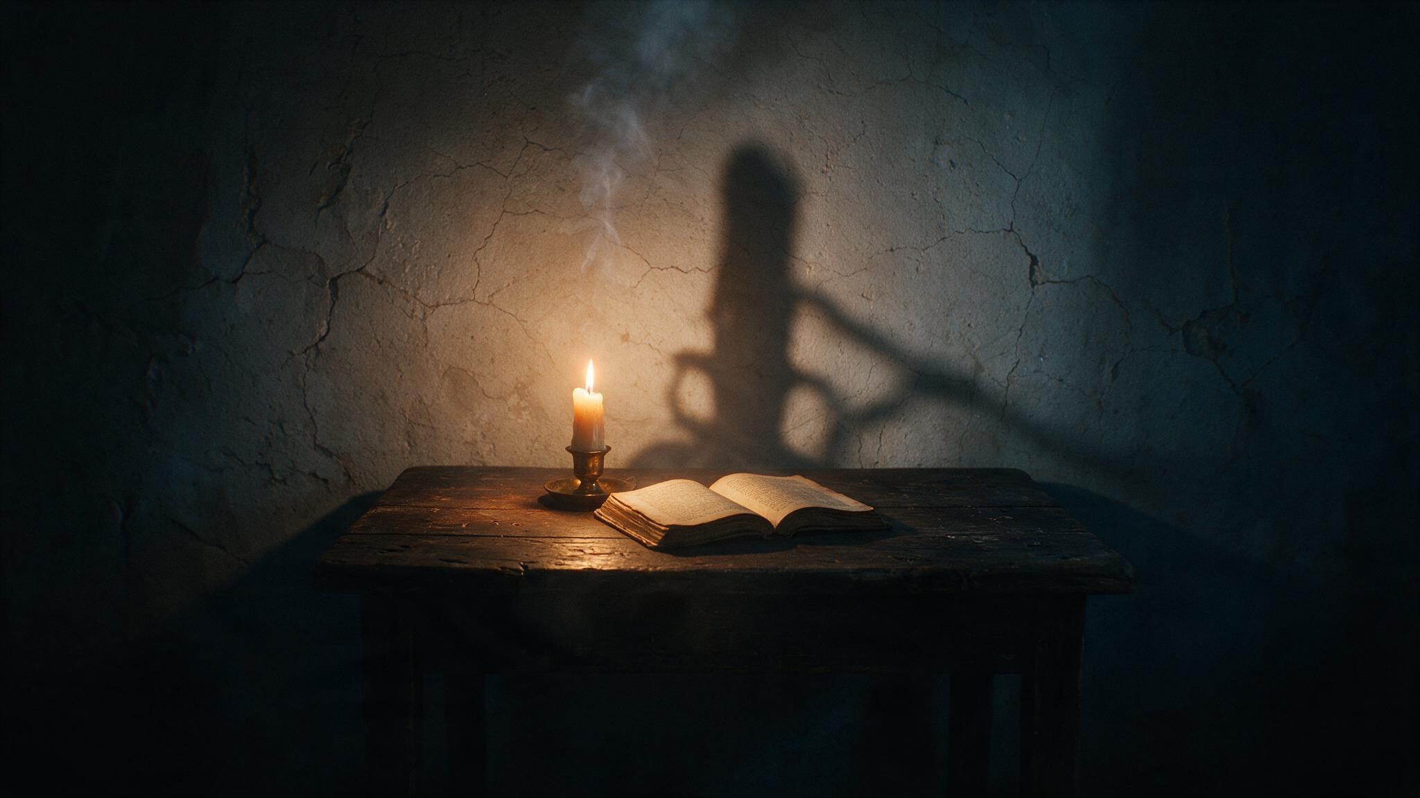 A dark room where a candle wavers precariously, a long shadow stretched across the wall and a single open book, a bleak stillness
