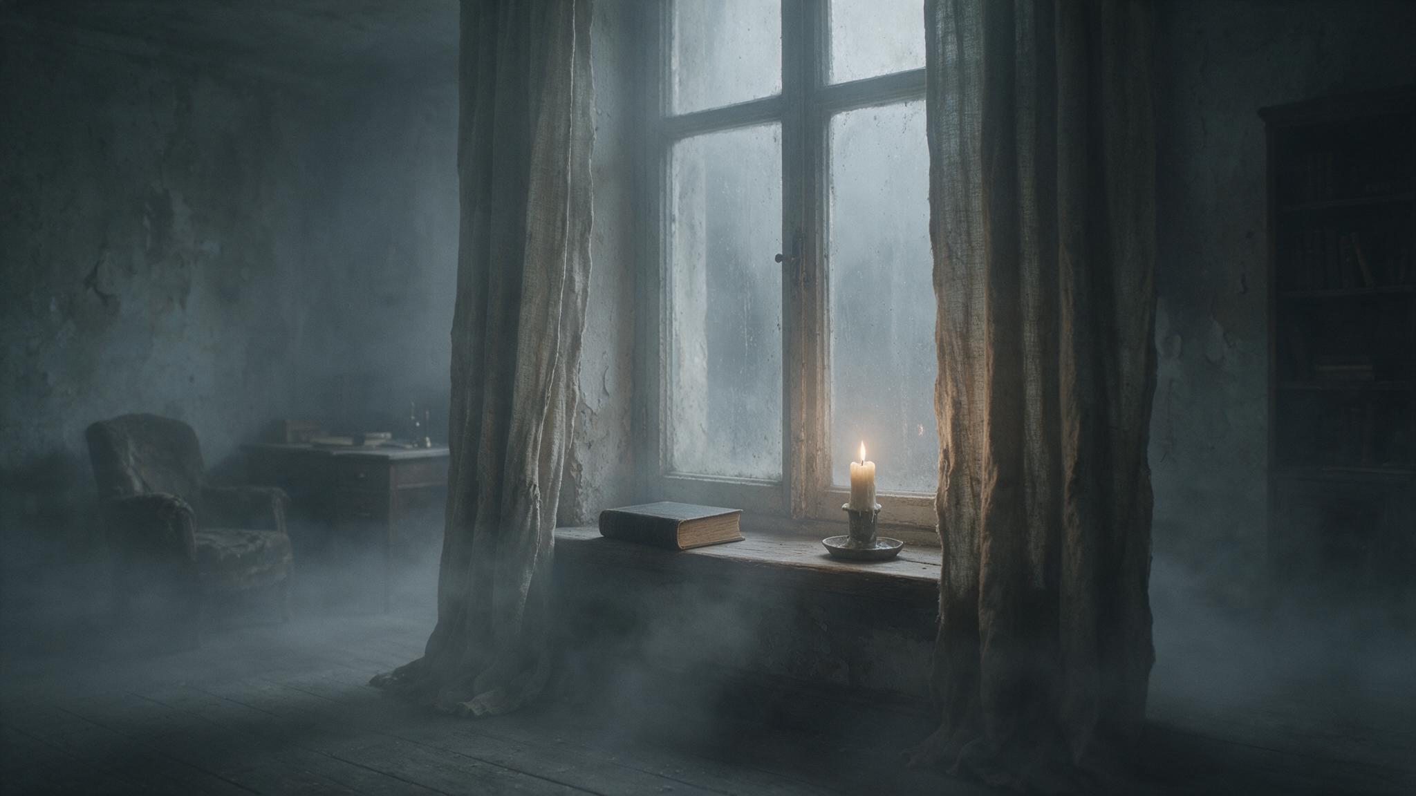 The faint outline of a dark room emerging from thick fog, a poetry book set by the window and a single blurred candle