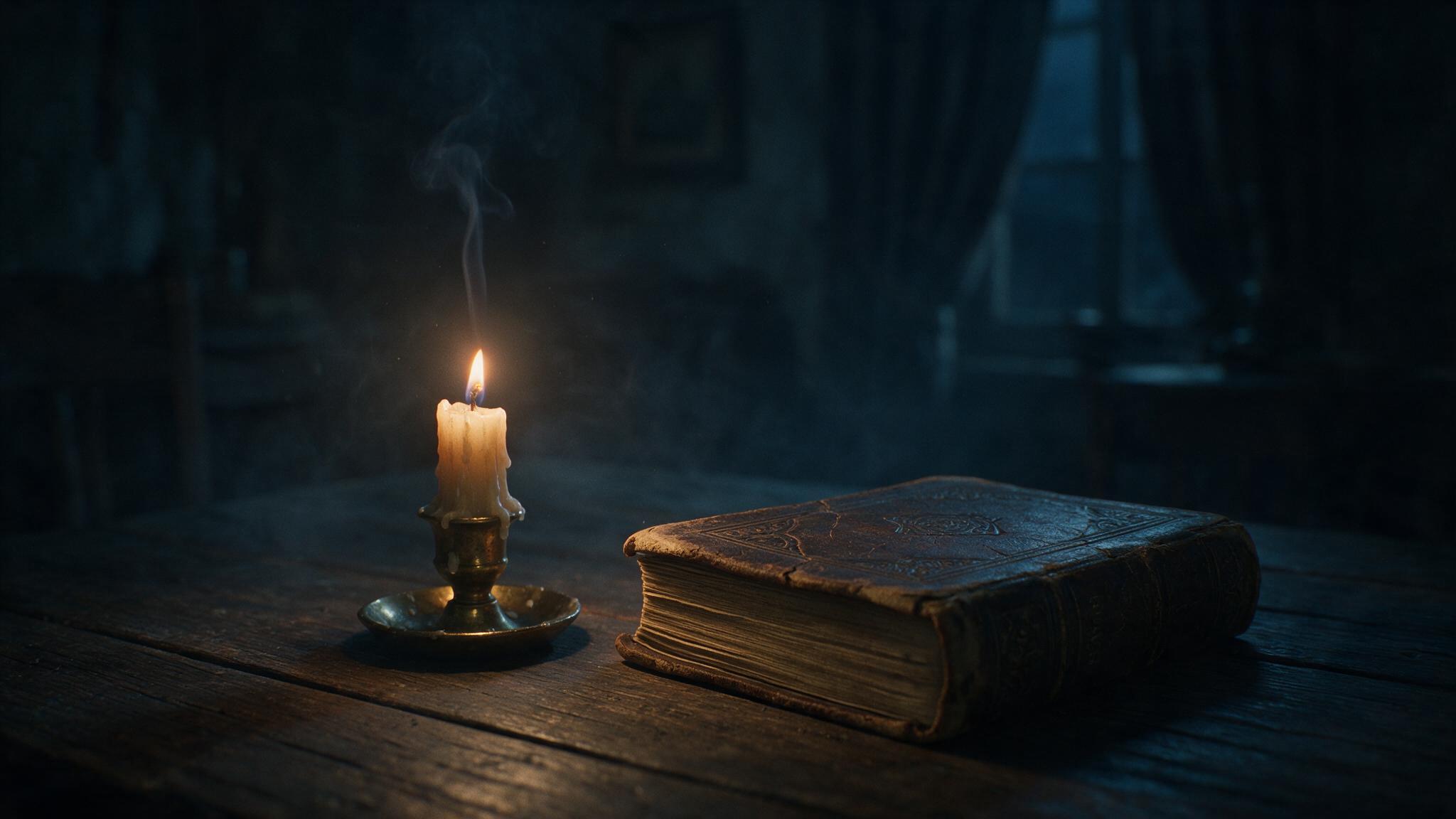 An old poetry book closed beside a guttering candle, the darkness spread through the room like fog, a quiet still life with a long lingering mood
