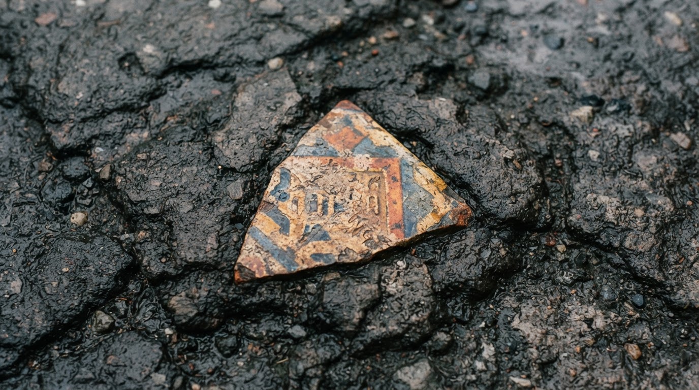 Looking down from a distance at a single small tile embedded in an empty intersection at dawn, no faces