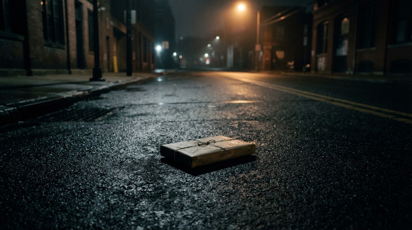 A paper-wrapped bundle lying on a roadway in the dead of night, an otherwise empty street, no faces, photorealistic