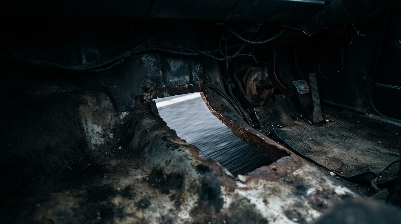 The dark interior and floor of an old vehicle, a narrow gap looking down onto the road, no faces, photorealistic