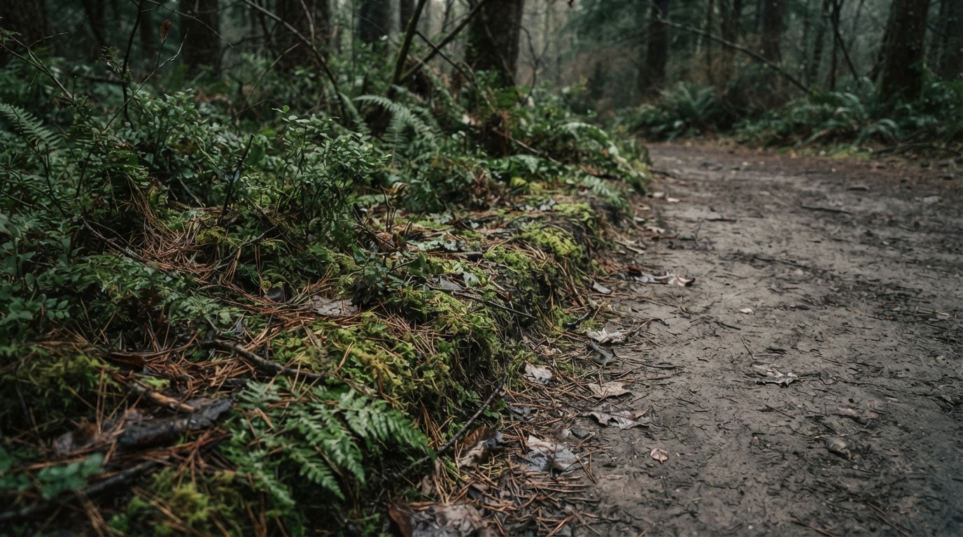 The sharp edge of a barren circle where green forest undergrowth meets hard bald earth, close view, moody light