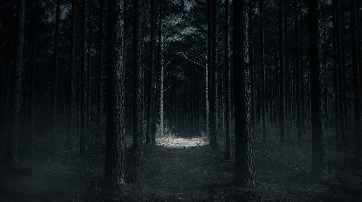 Dark North Carolina pine woods at night, faint moonlight, a bare clearing barely visible among the trunks, no figures